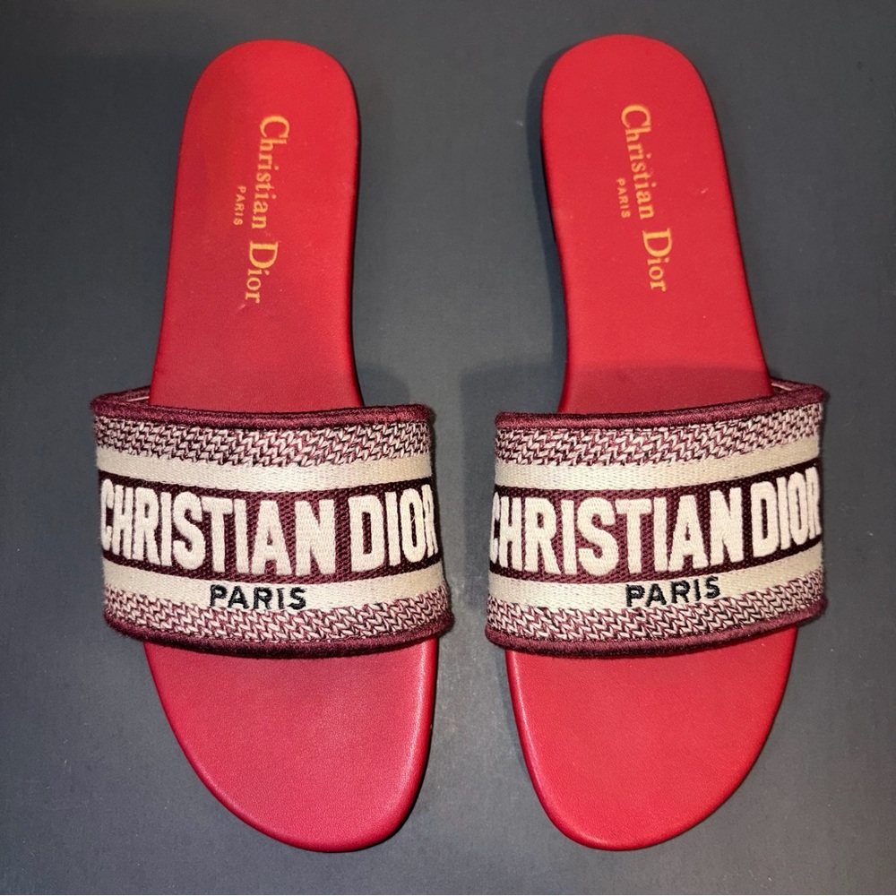 Embroidered Cotton Logo Slide Burgundy Flat Sandal Casual Coastal Resort Slip On
